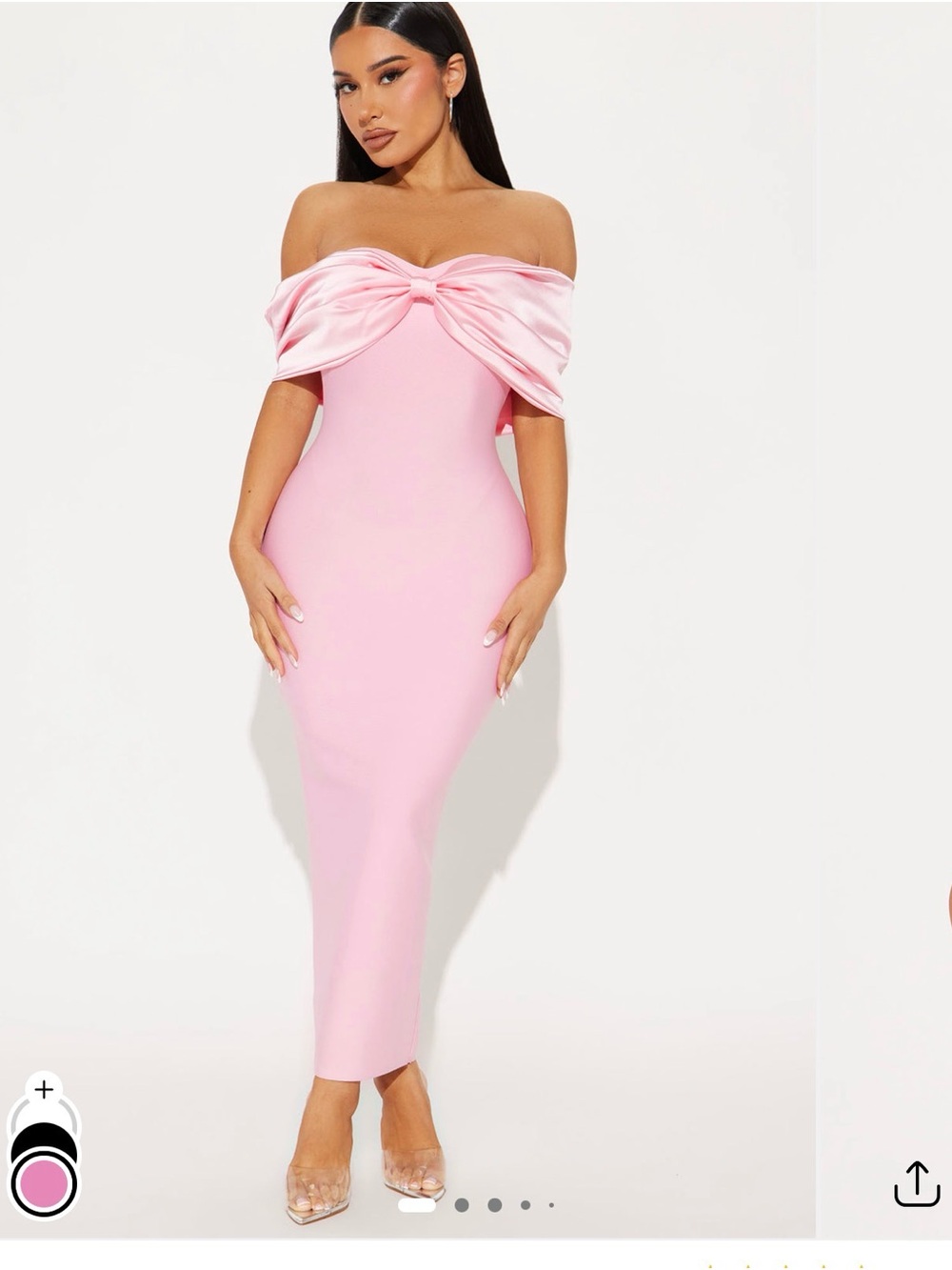 Off-Shoulder Pink Midi Dress with Draped Bow Detail